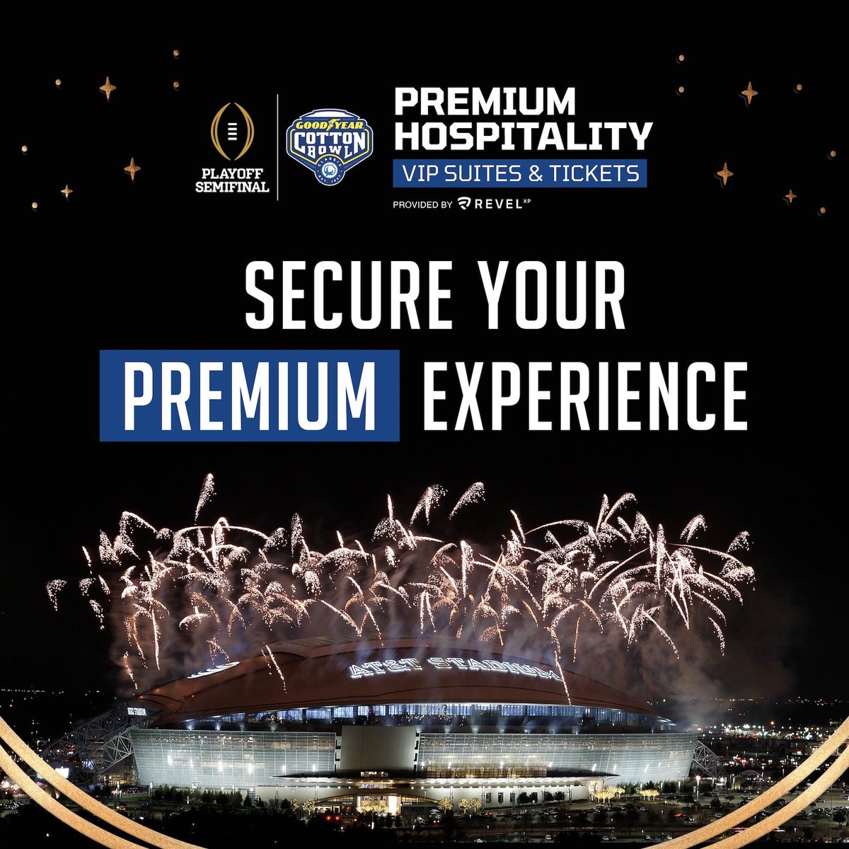#GoodyearCottonBowl Classic Premium Hospitality is the Official Hospitality Offering for the 2025 <a href="/CFBPlayoff/">College Football Playoff</a> Semifinal at the 89th Classic.

Enjoy premier seating, exclusive parties &amp; all-inclusive VIP hospitality with our first-class suite &amp; ticket packages!

<a href="/REVELxpOfficial/">REVELxp</a>