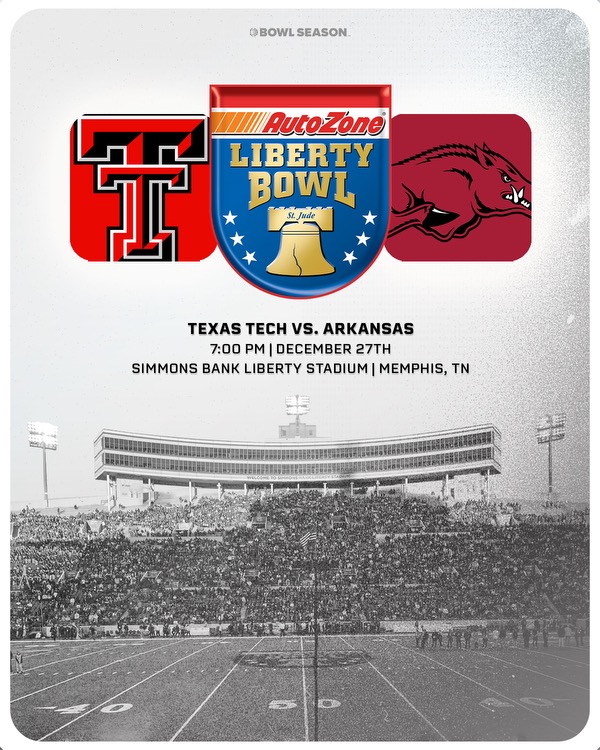 BowlSeason's tweet photo. 🚨IT’S OFFICIAL🚨@TexasTechFB will face @RazorbackFB  in the @AZOLibertyBowl  

#BowlSeason #CFB #CollegeFootball #WreckEm #RaidŦheLeague #TexasTech  #RazorbackFB #wooopigsooie https://t.co/51Ii99hsmg