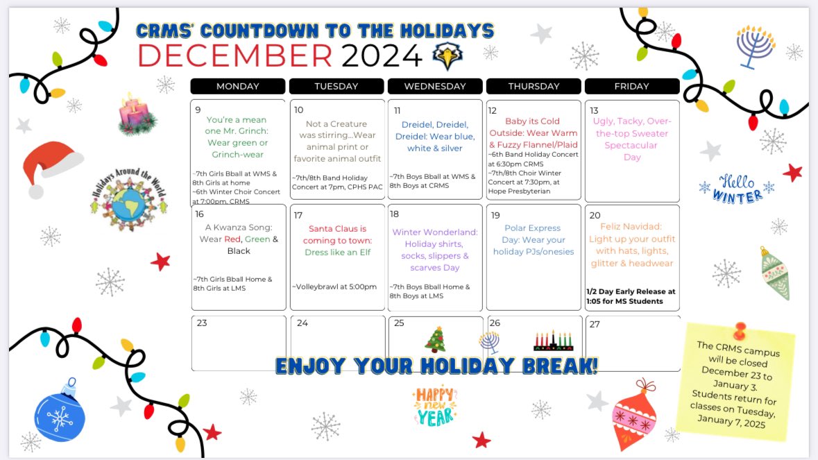 Excited to kick off our Countdown to the Holidays this week. Don't miss out on the fun with dress-up days, winter concerts, basketball games, Volleybrawl &amp; more:
drive.google.com/file/d/1cUkbY3… 
💛🦅💙