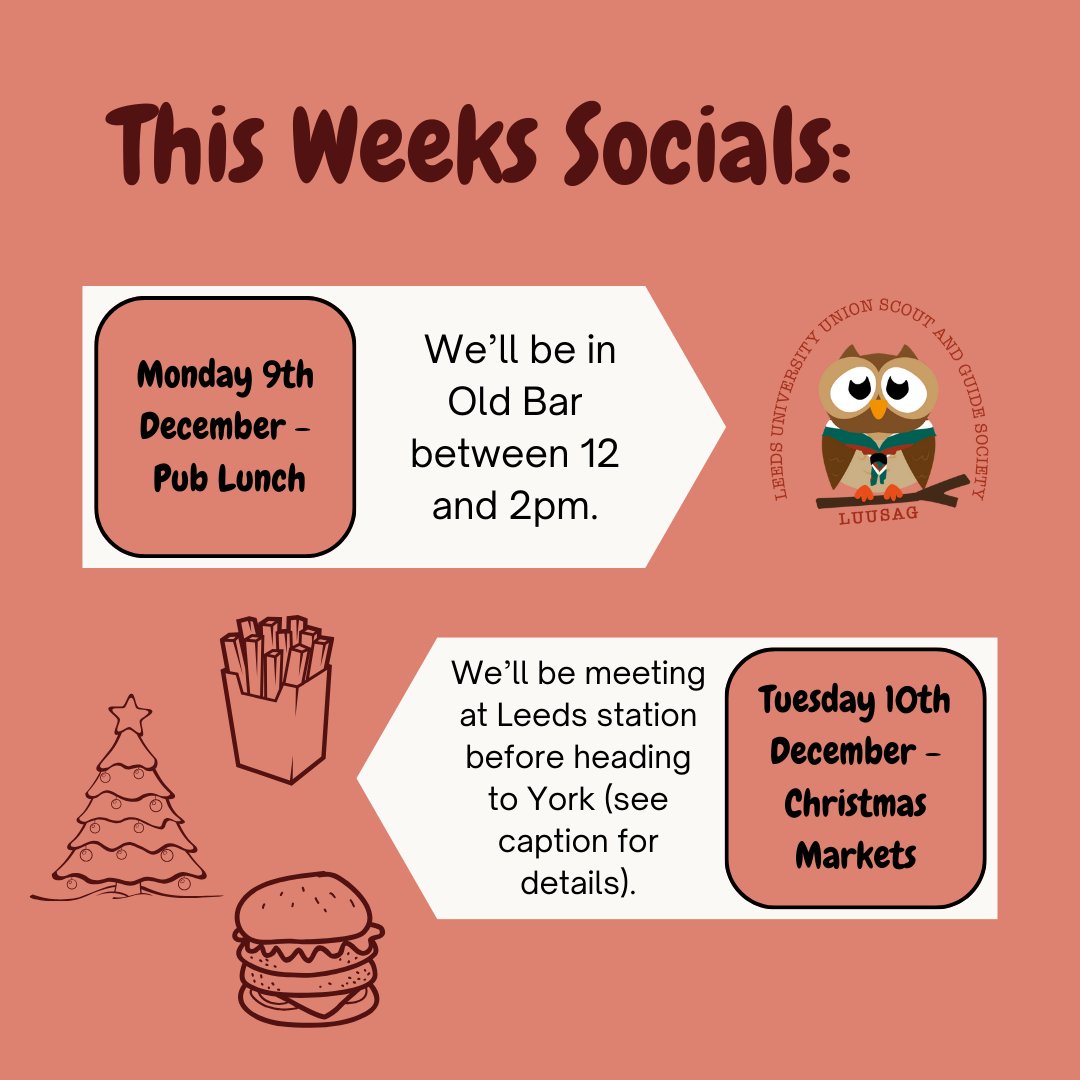 Pub lunch is Monday 9th December in Old Bar, we'll be posting our location on the story and in the members chat if you're wanting to come along!

On Tuesday 10th December we'll be heading to York Christmas Markets for our final social of the semester! Message us for more info!
