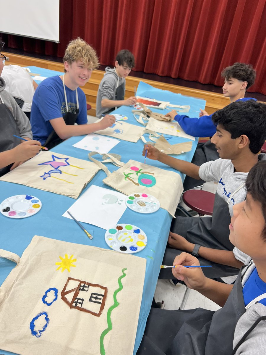 Proud of the commitment and heart of our students! On a Saturday, they finished painting 48 tote bags for Any Baby Can foundation and students enjoyed the oral hygiene workshop from sponsor Ranch Orthodontics. 
#SoaringToSuccess💙🦅💛 as
#CompassionateCommunityContributors