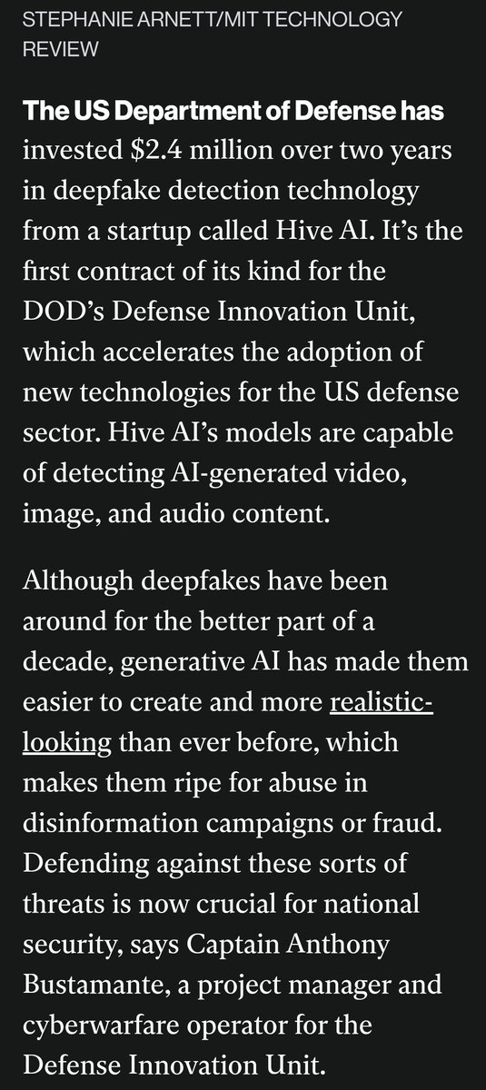 tek_nikel54's tweet photo. 🖲️ #USDepartment o #Defense #investing in #deepfake👾 #detection. #Signedcontract with #startup #HiveAI #worth #2million over #2years🤖
#ArtificialIntelligence #deepfakes #cyberwarfare #DOD #USA #aigenerated #AImodel #defenceinnovationunit #Tek_nikel054🤖
https://t.co/TP5Mpa4L1B https://t.co/W9GUFuLLBu