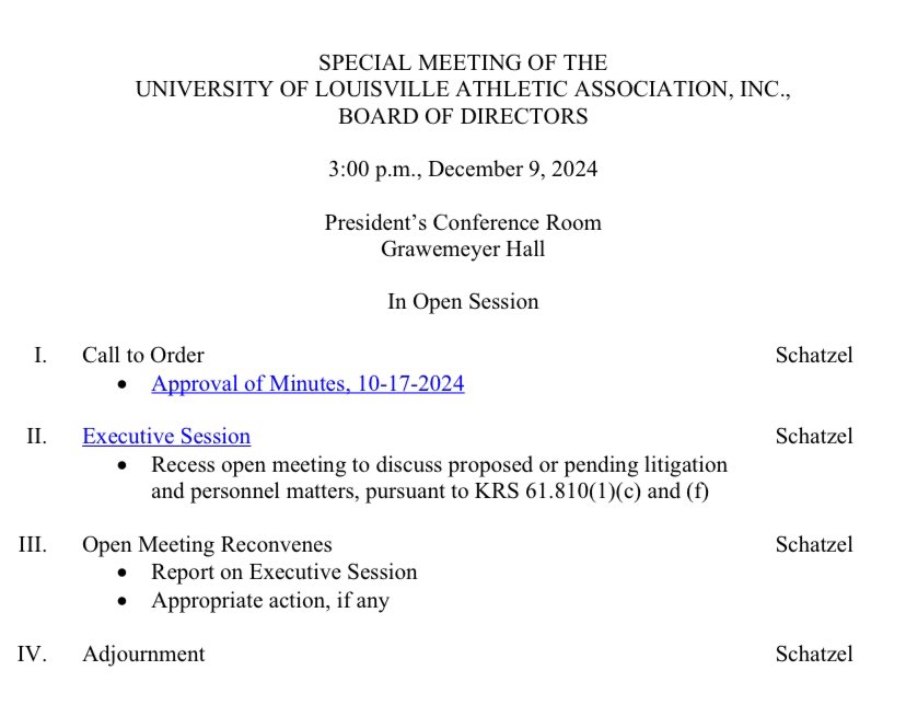 MONDAY:  The UofL Athletics Association Board of Directors has called a special meeting for 3 p.m.