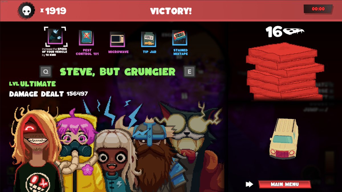 A friend had me check out Pest Apocalypse, and holy hell is it a lot of fun. You're driving a pizza van to deliver pizza in a apocalyptic wasteland, and all around that it is a vampire survivors like game. Took a few runs but got my first clear too!