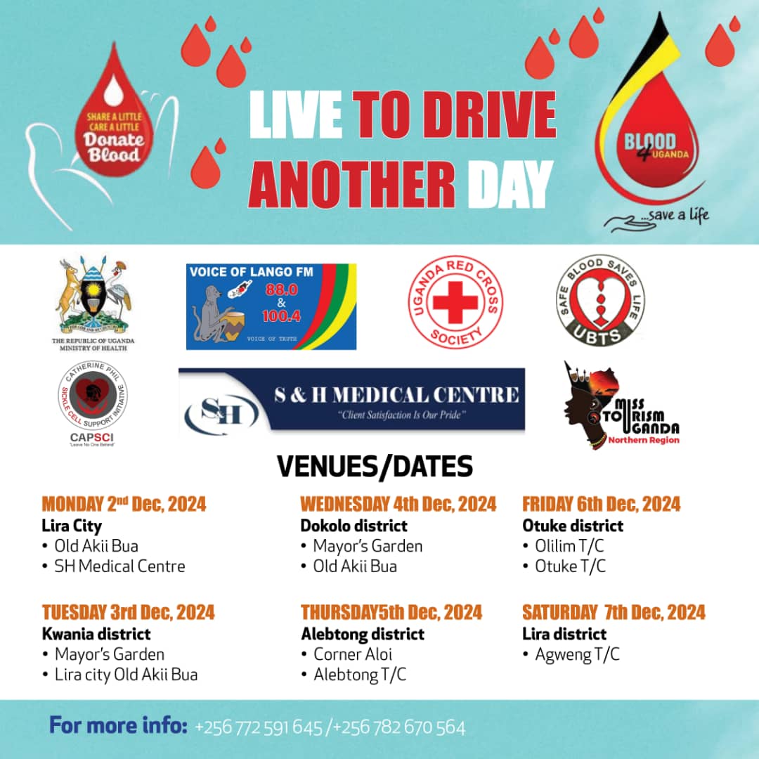 chatyalba's tweet photo. Grateful to share that our recent blood drive held in Lango subregion from 2-7 Dec, collected 224 units of blood for road accident victims! Every unit counts! We're proud to have made a difference in the lives of patients in need.
#LiveToDriveAnotherDay https://t.co/fied113ioM