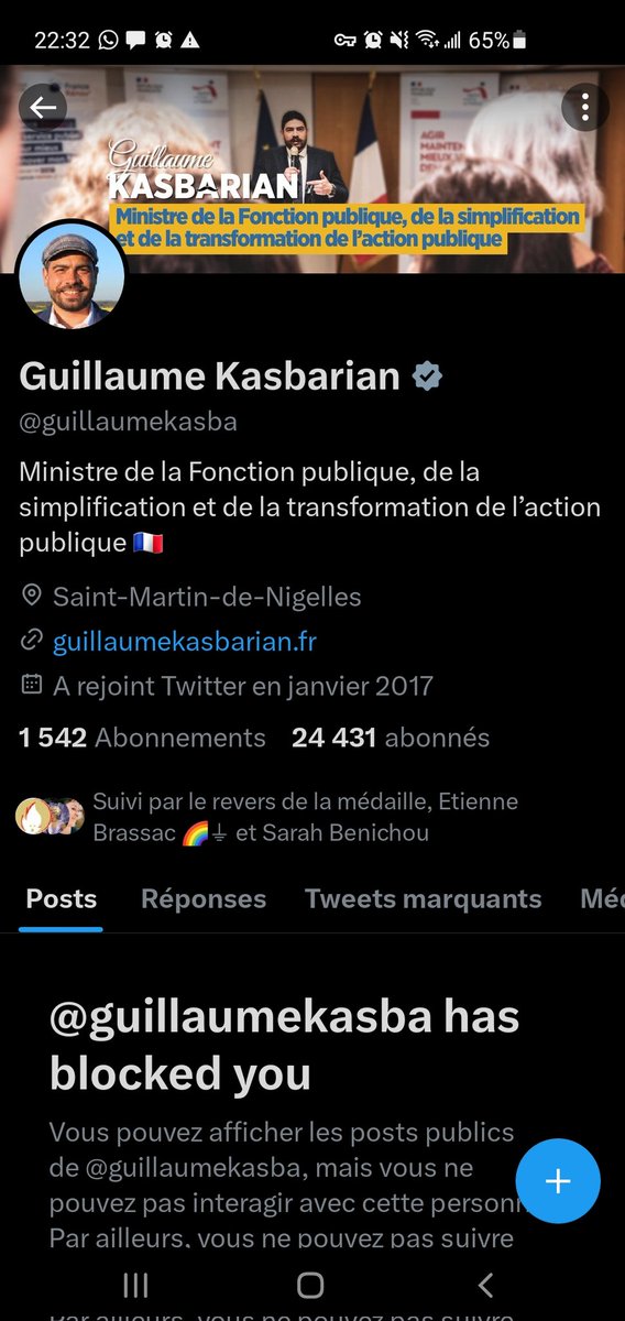 Le soir où le type n est plus ministre, je découvre qu'il m'avait bloqué.
(Aucun souvenir d'avoir parlé de lui ni interagit avec)
Ça doit la menace de mon gros compte à 70 abonnéEs.