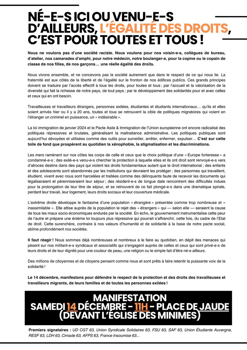 📣Samedi 14 décembre à #ClermontFd, manifestation unitaire à 11h, place de Jaude à  l’occasion de la journée internationale des migrant·es !

✅ Logement, papiers, titres de séjours, ensemble pour le respect des droits de toutes et tous ✊️