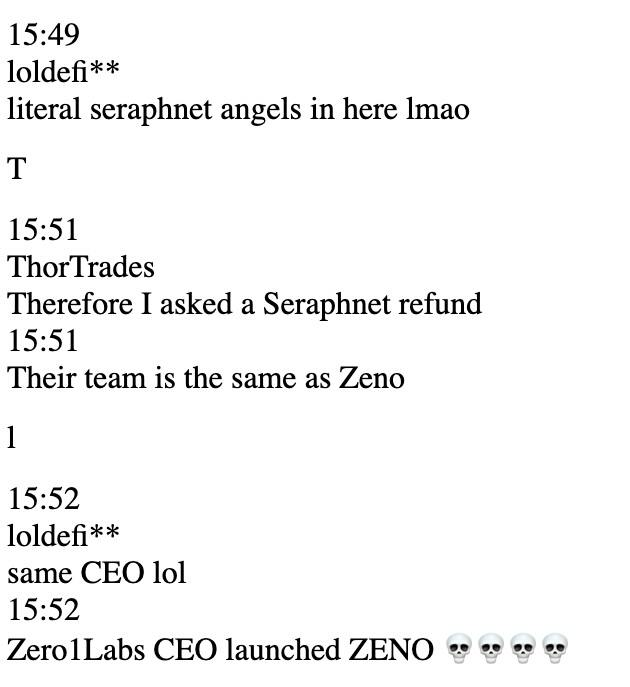 VandelayArtz's tweet photo. Then enters another fraud KOL @ThorTrades8.
They clearly mention while chatting that Team for Seraphnet and $ZENO is the same.
Seems like they both were promised #Seraphnet presale tokens as well.
He also shilled $ZENO at that moment on his twitter on 23rd Oct.
@zachxbt this is an entire nexus of frauds, and not just meme coins, there orchestrate entire utility projects. Please look into this.
