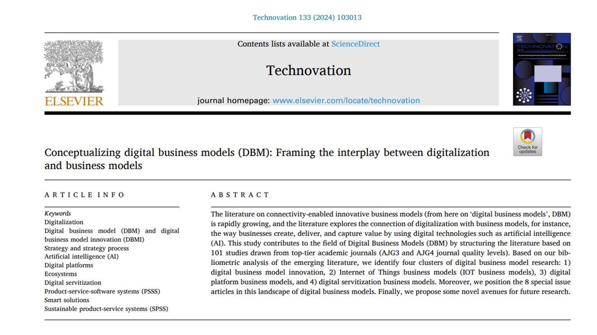 Which is the relationship between digitalization and business models? 🤔
A recent paper published in <a href="/technovation_J/">Technovation_Journal</a> has found four clusters of digital business model research👏
You can find all details about the paper 👇
doi.org/10.1016/j.tech…