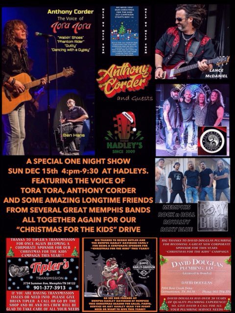 benhans's tweet photo. 'Christmas For the Kids' benefit concert in Memphis, TN with Anthony Corder on Sunday, December 15th!! Featuring FEVERTREE and more!! Come and rock with us for a great cause!! 

https://t.co/leLWNWRWDu https://t.co/DMY3A9uN2t