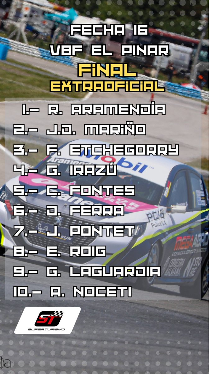 SUPERTURISMO Fecha 16 Final VBF - Vuelve a la victoria Rorro Aramendía con la 1ra victoria para el New 208 de Peugeot. Gran carrera de Juan Diego Mariño que fue P2 por delante del Campeón Fernando Etchegorry 
👇