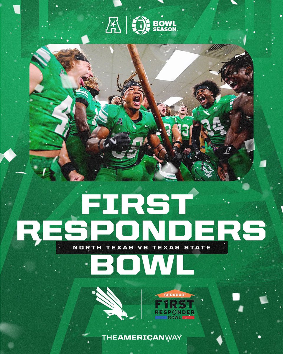The Mean Green are staying in Texas! 🟢🦅

North Texas will play Texas State in the SERVPRO First Responder Bowl on January 3🏈

#AmericanWay x #AmericanFB