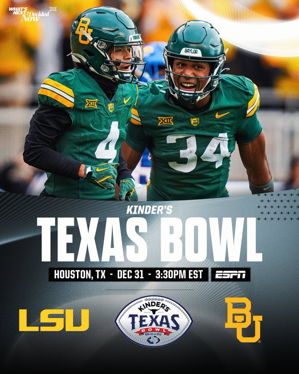 #Big12FB goin' bowling 🎳

🏈 <a href="/TexasBowl/">Kinder's Texas Bowl</a> 
🗓️ December 31
⏰ 3:30 p.m. EST
🗺️ Houston, TX
🏟️ NRG Stadium
📺 ESPN