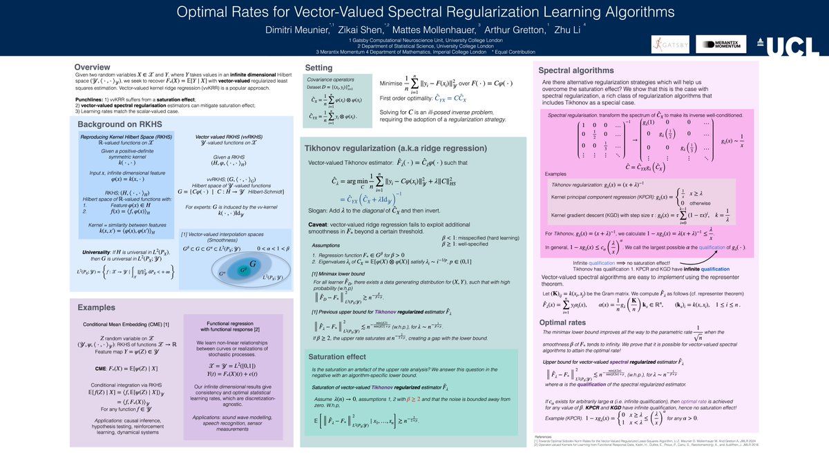 Arthur Gretton (@arthurgretton) on Twitter photo Conditional mean embeddings without Tikhonov: no saturation effect!
"Optimal Rates for Vector-Valued Spectral Regularization Learning Algorithms"
#NeurIPS2024 Poster #5709
12 Dec 11 a.m.— 2 p.m
neurips.cc/virtual/2024/p…
<a href="/DimitriMeunier1/">Dimitri Meunier</a> ,Shen,<a href="/gaussianmeasure/">Mattes Mollenhauer</a> , <a href="/lzy_michael/">Michael Li</a> Conditional mean embeddings without Tikhonov: no saturation effect!
"Optimal Rates for Vector-Valued Spectral Regularization Learning Algorithms"
#NeurIPS2024 Poster #5709
12 Dec 11 a.m.— 2 p.m
neurips.cc/virtual/2024/p…
<a href="/DimitriMeunier1/">Dimitri Meunier</a> ,Shen,<a href="/gaussianmeasure/">Mattes Mollenhauer</a> , <a href="/lzy_michael/">Michael Li</a>