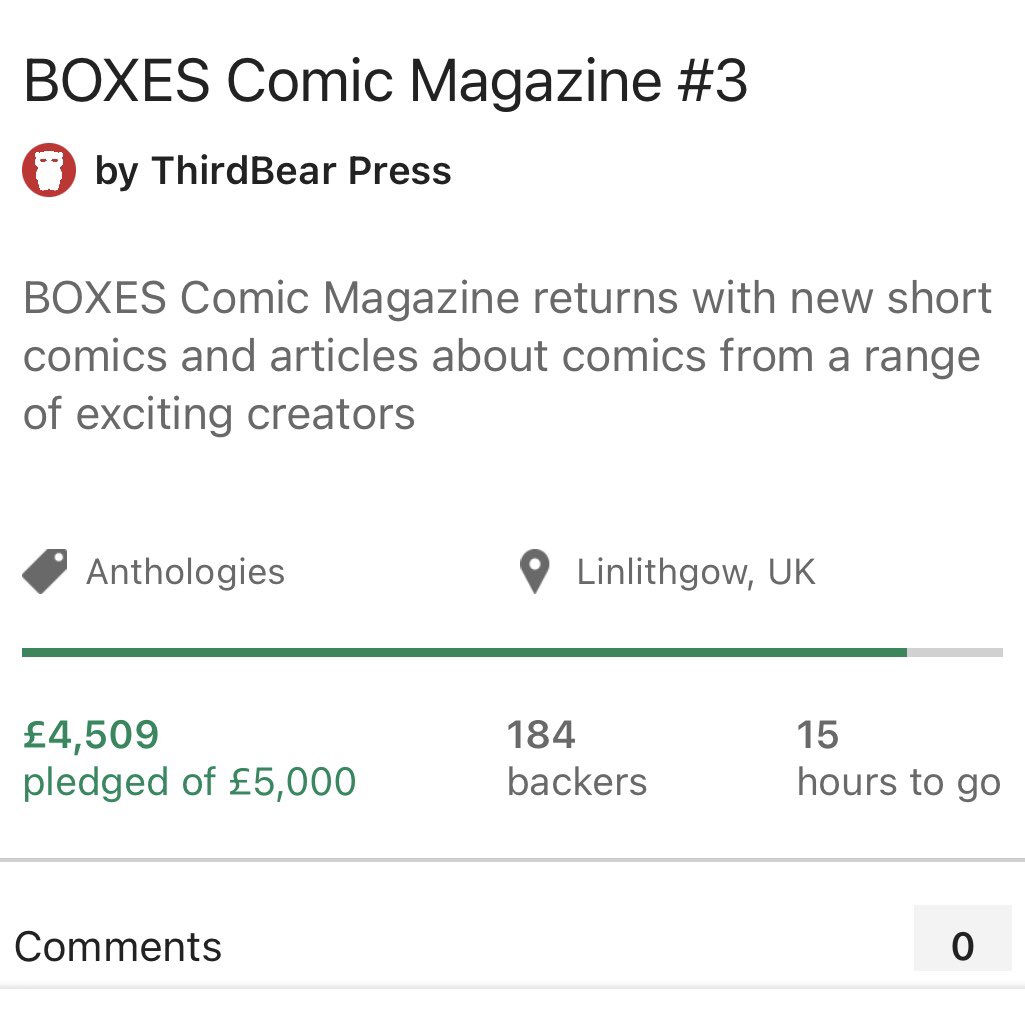 thirdbearpress's tweet photo. Less than £500 left to raise now on the BOXES Vol. 3 Kickstarter and just 15 hours left. 

This anthology is brimming with talent and we are so close to bringing it to life!  Take a look and consider backing here: https://t.co/HIzahB22TU

Thanks! https://t.co/XR1IZA6ajp