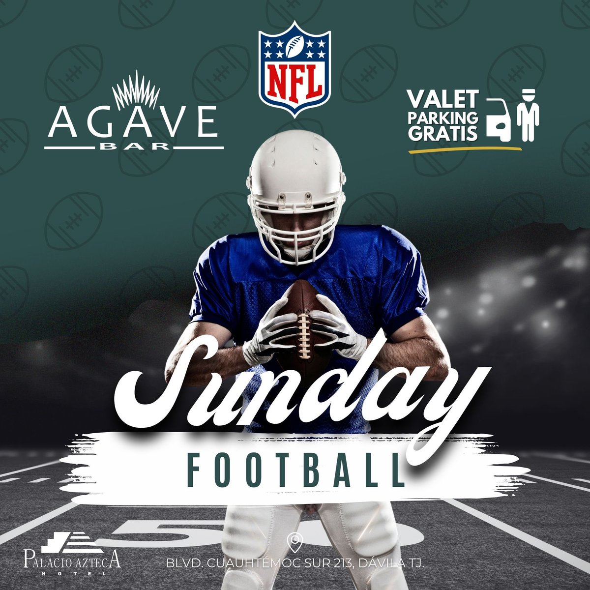 wyndhamgardentj's tweet photo. ¡HOY LA #NFL! 🏈 Se vive en #AgaveBar ¡Los esperamos!
 💬 664 105 4655
📍 Dentro de Hotel Palacio Azteca - Blvd. Cuauhtemoc Sur 213, Davila, 22044 Tijuana, B.C.  https://t.co/YmS1yB7YVl
#FutbolAmericano #HotelPalacioAzteca https://t.co/TJ6R3boUk5