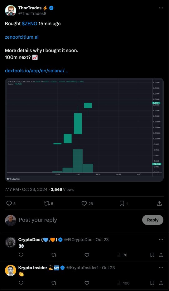 VandelayArtz's tweet photo. Then enters another fraud KOL @ThorTrades8.
They clearly mention while chatting that Team for Seraphnet and $ZENO is the same.
Seems like they both were promised #Seraphnet presale tokens as well.
He also shilled $ZENO at that moment on his twitter on 23rd Oct.
@zachxbt this is an entire nexus of frauds, and not just meme coins, there orchestrate entire utility projects. Please look into this.