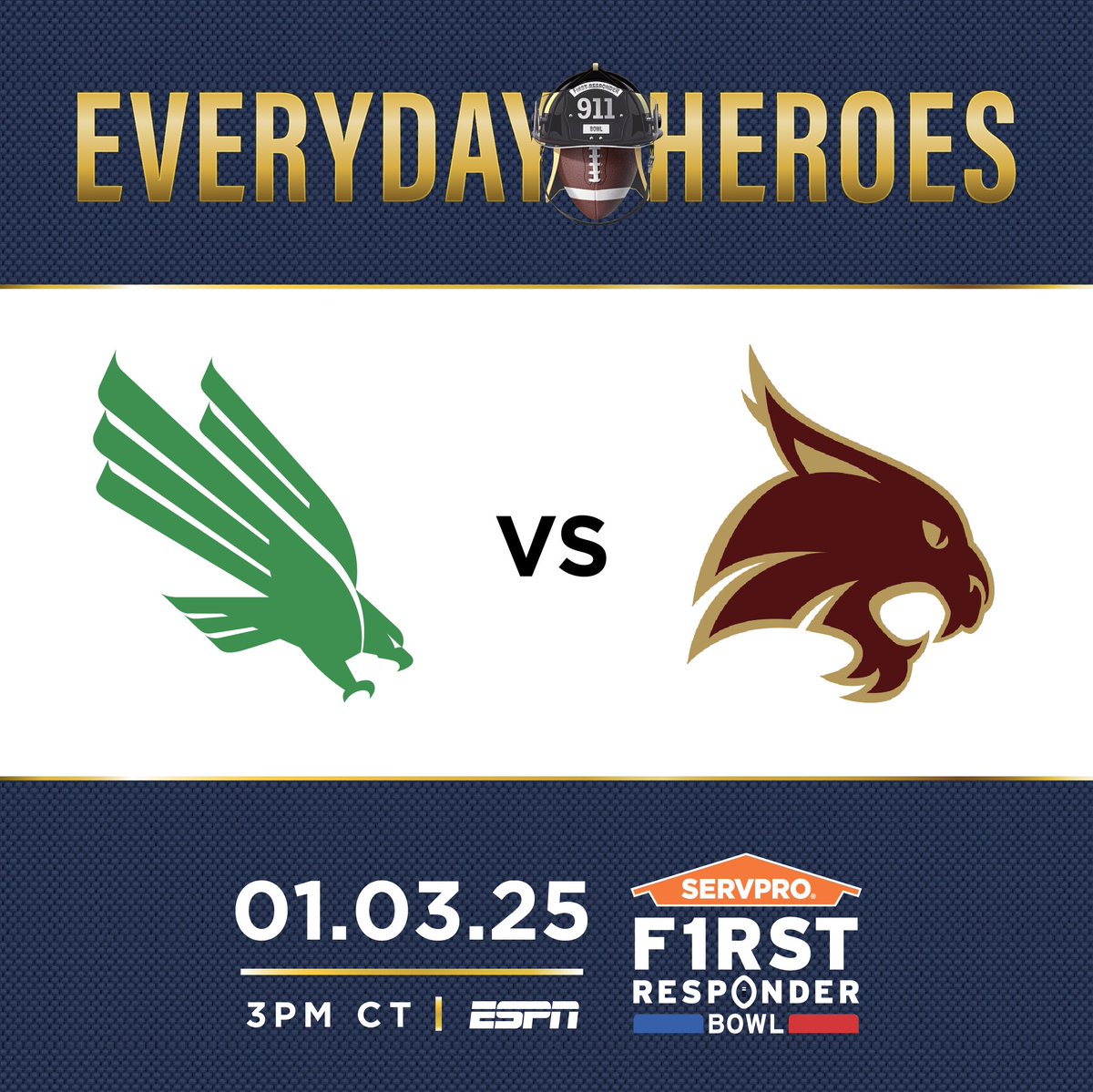 FRBowl's tweet image. IT'S OFFICIAL! @MeanGreenFB will face off against @TXSTATEFOOTBALL in the SERVPRO First Responder Bowl!

#EverydayHeroes | #SFRB | #Meangreen | #Bobcats