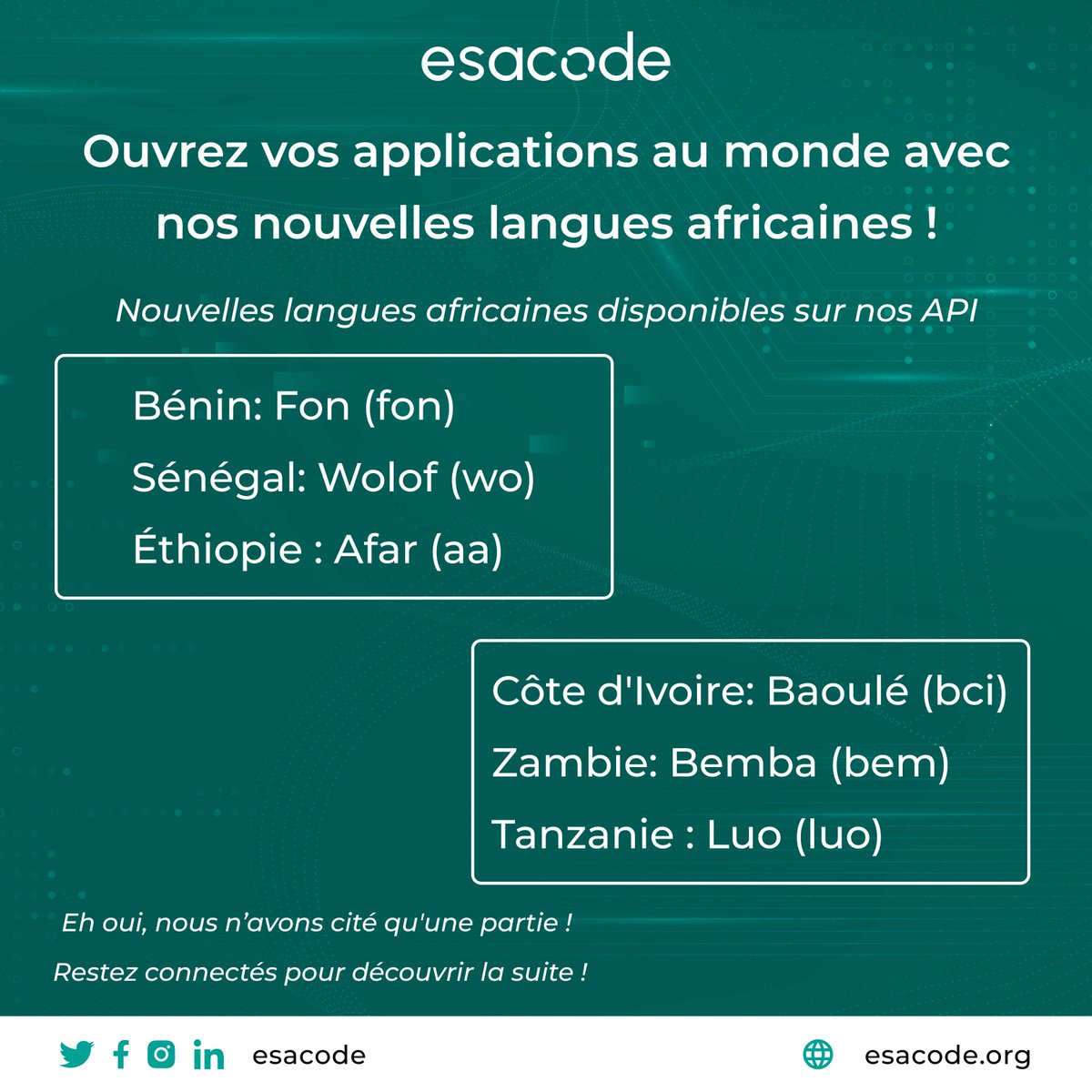 esacode01's tweet photo. 🌍 Breaking News : Donnez une voix africaine à vos apps !
6 nouvelles langues dans notre API : 🇧🇯 Fon 🇸🇳 Wolof 🇪🇹 Afar 🇨🇮 Baoulé 🇿🇲 Bemba 🇹🇿 Luo
🚀 Transformez votre app en pont entre les cultures !
📚 Doc : https://t.co/RBcLGsdWKN
#TranslationAPI #AfricanTech #esacode https://t.co/CyqBsidDWc