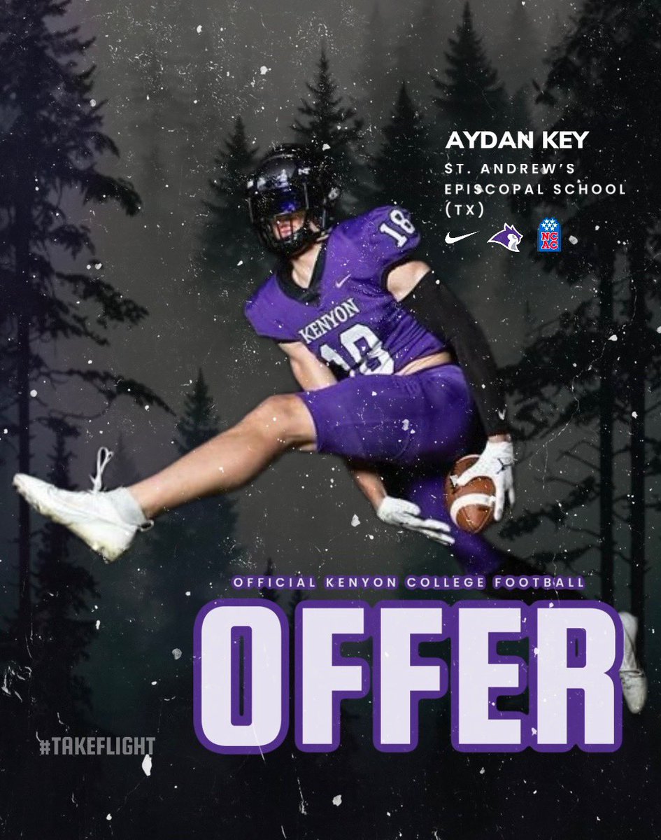 AydanKey14's tweet photo. Honored and grateful to announce that after a talk with @Coach_Cattrell I have received an official offer to play football at Kenyon College!Go Owls!!!💜🖤 #GoOwls #Blessed #ThankYou https://t.co/Ac4RmcuG2E