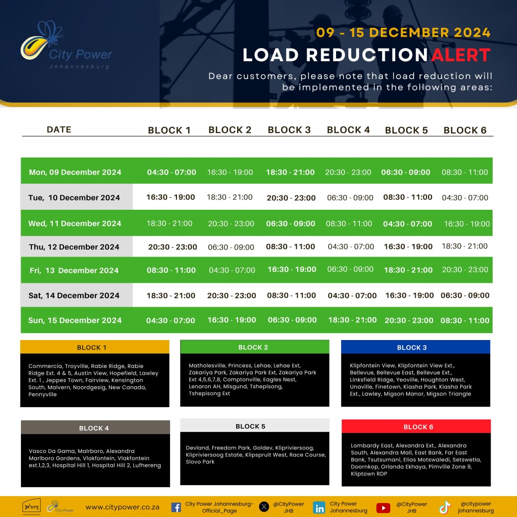 CityPowerJhb's tweet photo. #CityPowerUpdates  
#LoadReduction  

Here is the Load Reduction schedule for 9 - 15 December 2024.

Stay safe from electrical hazards during this rainy season:
1. Avoid water contact with electrical appliances.  
2. Turn off power during flooding.  
3. Inspect outdoor electricals.  
4. Be aware of downed power lines.  
5. Unplug during storms.  
6. Install safety devices.  
7. Report faults promptly.  
8. Educate children on safety.  

We encourage all customers to reduce their electricity consumption to help ease the strain on the power grid.

To download the load reduction, click here: https://t.co/pluR7DfrMe  ^IM