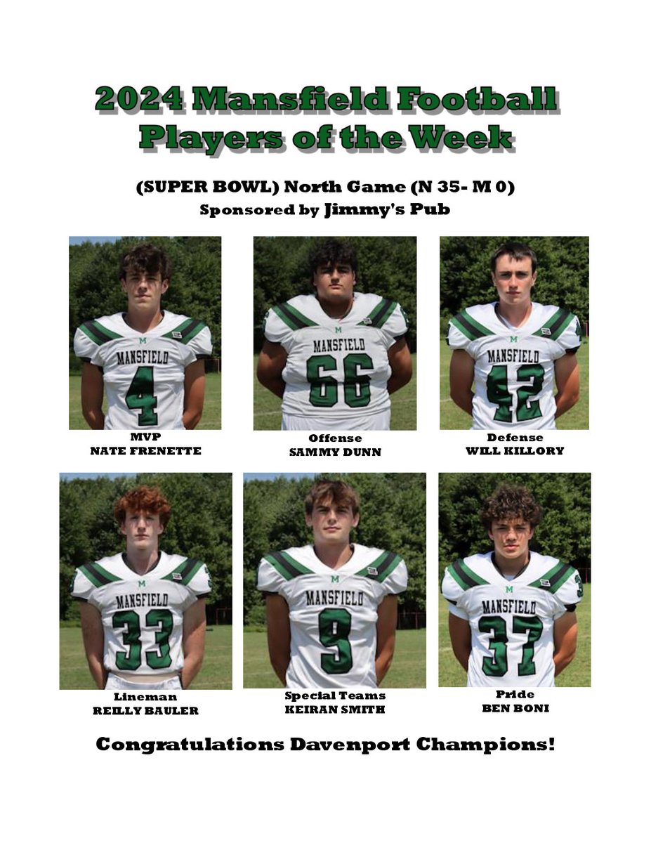 Mansfield Super Bowl Players of the Week; jimmyspubandrestaurant.com