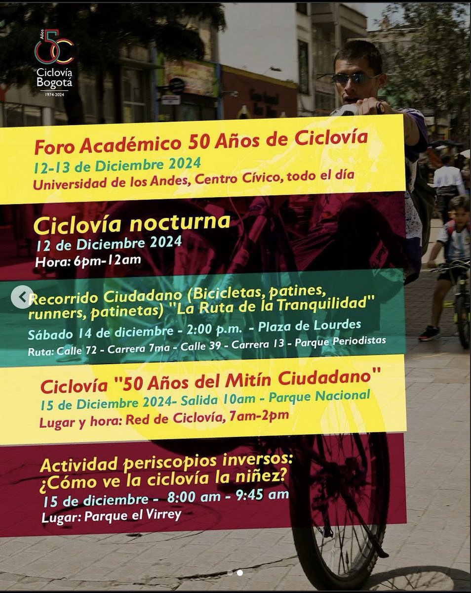 Algunos de los eventos que se realizarán esta semana para celebrar #ciclovia50.