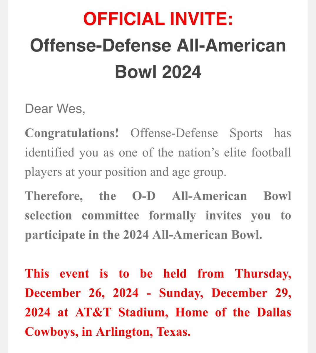 Wesley Ryan (@wesley_ryan) on Twitter photo Very proud to announce that I have been invited to play in the Offense-Defense All-American Bowl in AT&T stadium!! Thank you <a href="/ODFBall/">Offense🏈Defense</a> for the invitation!
<a href="/ThomsenChris/">Chris Thomsen</a> <a href="/WRCoachmj/">Mike Johnson</a> <a href="/Coach_MLayman/">Matt Layman</a> <a href="/CoachScheier/">Adam Scheier</a> <a href="/CoachNRosen/">Nick Rosen</a> <a href="/CoachVenables/">Brent Venables</a> <a href="/CoachRobSale/">Rob Sale</a> <a href="/CoachTWach/">Tyson Wachenheim</a> <a href="/coach_rdiaz/">R Diaz</a> Very proud to announce that I have been invited to play in the Offense-Defense All-American Bowl in AT&T stadium!! Thank you <a href="/ODFBall/">Offense🏈Defense</a> for the invitation!
<a href="/ThomsenChris/">Chris Thomsen</a> <a href="/WRCoachmj/">Mike Johnson</a> <a href="/Coach_MLayman/">Matt Layman</a> <a href="/CoachScheier/">Adam Scheier</a> <a href="/CoachNRosen/">Nick Rosen</a> <a href="/CoachVenables/">Brent Venables</a> <a href="/CoachRobSale/">Rob Sale</a> <a href="/CoachTWach/">Tyson Wachenheim</a> <a href="/coach_rdiaz/">R Diaz</a>