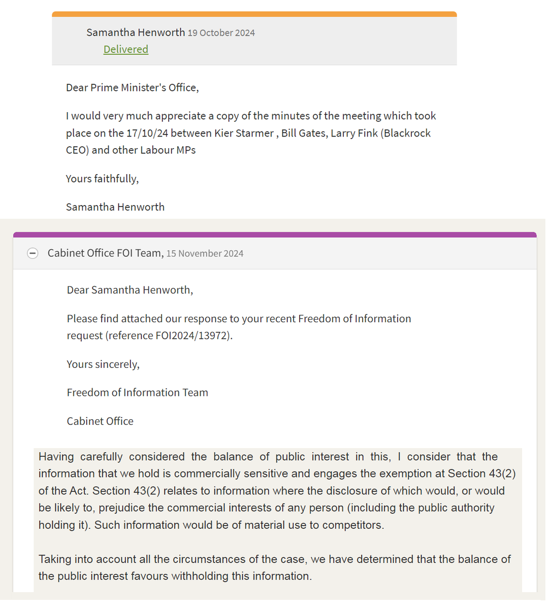 LadyRebecca_1's tweet photo. The company that make Bovaer® said "Bovaer® has no other investors, Bill Gates is not involved in the development of Bovaer®. "

But Bill Gates is an actual partner with Blackrock, &amp; Blackrock is a shareholder of dsm-firmenich 🤔

Keir Starmer's meeting with Gates &amp; Blackrock 👇 https://t.co/kQGre8EGrY