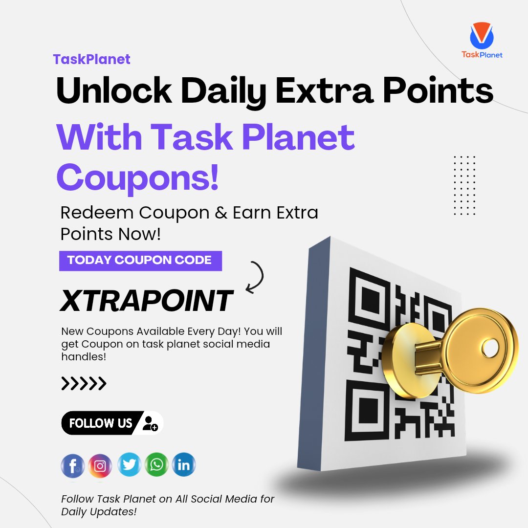 taskplanetpro's tweet photo. Unlock Daily Extra Points with Task Planet Coupons! π
Redeem today's coupon code XTRAPOINT and earn extra rewards now!
π’ New coupons available daily!
π² Follow Task Planet on all social media platforms for updates!
#TaskPlanet #DailyRewards #Coupons #ExtraPoints #StayRewarded https://t.co/51zi9F42cD