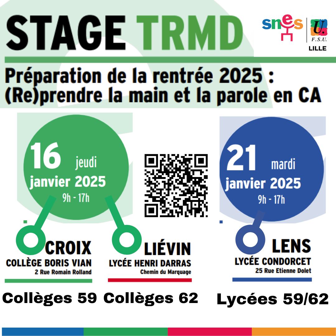 snesdelille's tweet photo. https://t.co/UHqmSvDk8Q

Attention aux dates limites pour présenter sa demande de participation !
Le 16/12 TRMD collège
Le 20/12 TRMD lycées

RAPPEL : stages ouvertes à toutes et tous, syndiqué-es ou pas
La participation est DE DROIT , sur le temps de service ! https://t.co/y0PsgtA7e7