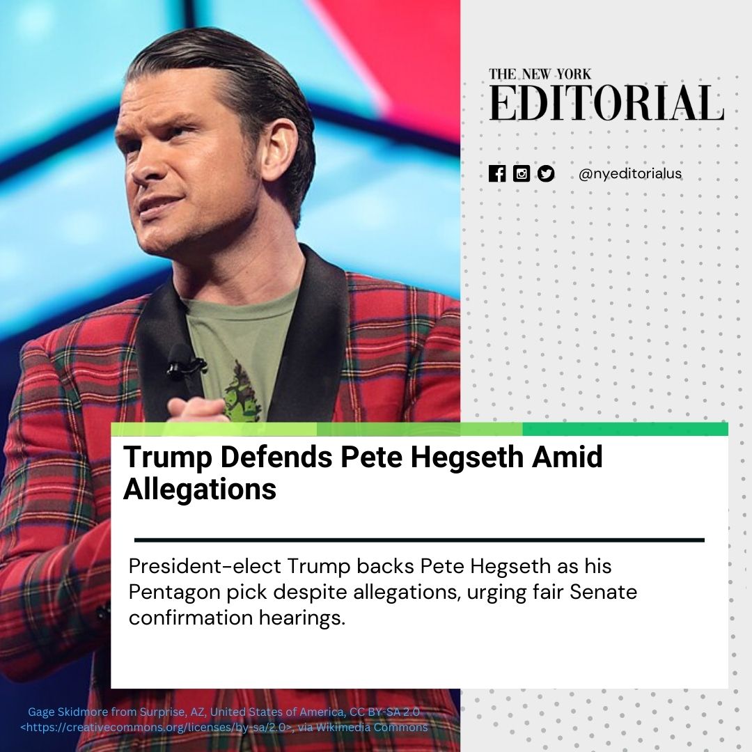 nyeditorialus's tweet image. Trump supports Pete Hegseth for Defense Secretary, calling him "a man with a tremendous track record" despite controversy. Senate confirmation looms. 

#PentagonLeadership #PeteHegseth #TrumpNominee

Read more at zurl.co/mMmG