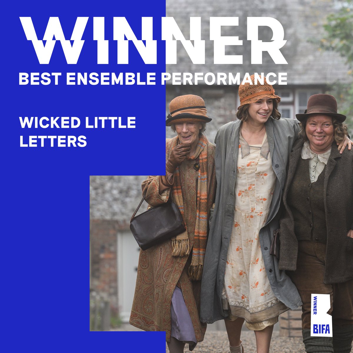 The #BIFA2024 award for Best Ensemble goes to... 

WICKED LITTLE LETTERS

Jessie Buckley, Olivia Colman, Anjana Vasan, Joanna Scanlan, Gemma Jones, Timothy Spall, Eileen Atkins, Lolly Adefope, Malachi Kirby, Hugh Skinner 

bifa.film/awards/2024/wi…