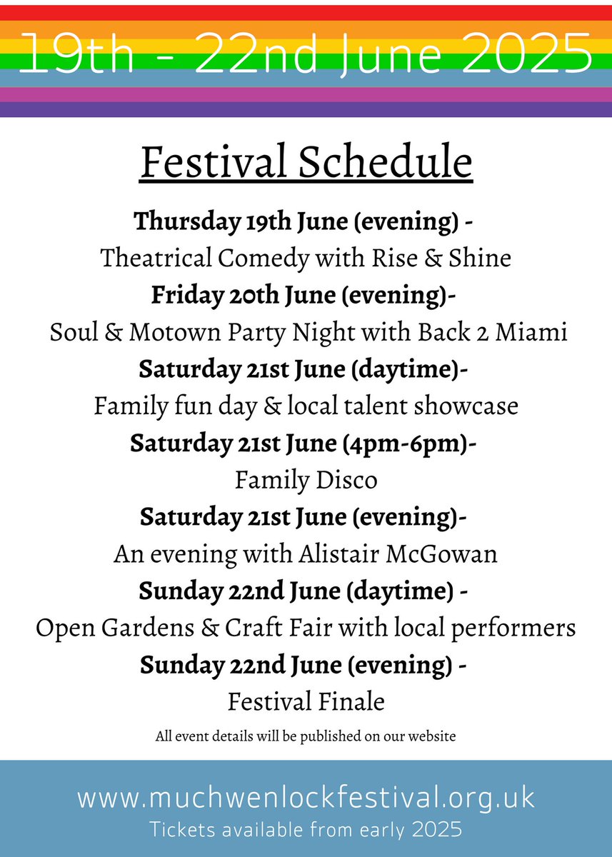 Festival Schedule is LIVE! Coming June 2025, comedy theatre, party nights, live music, family fun, and local talent showcase. Visit our website for more information.
#community #festival #muchwenlock