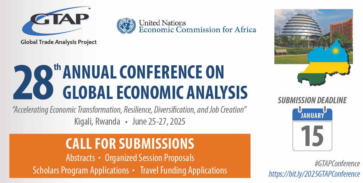 GTAP_Purdue's tweet image. #GTAPConference - Call for Submissions 🇷🇼
   🔹Abstracts
   🔸Organized Session Proposals
   🔹Scholars Program Applications
   🔸Travel Funding Applications

Deadline: January 15 (US Eastern Time)

gtap.org/events/Confere…

#GTAP @ECA_OFFICIAL