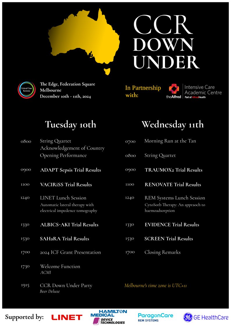 CritCareReviews's tweet photo. It's 9am in Melbourne

Just 24 hours to CCR Down Under

8 major trial results

Full, free livestream

https://t.co/sGWuTjv0BC https://t.co/3Yn6AB6nuv