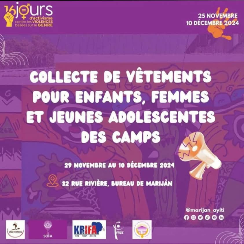 Des organismes de défense des drois des femmes dont KRIFA organisent durant la période des 16 jours d'activiste contre les violences faites aux femmes, un Collecte de vêtements pour enfants, femmes et jeunes adolescents des sites de déplacés. 
Contactez nous au 3616-1434