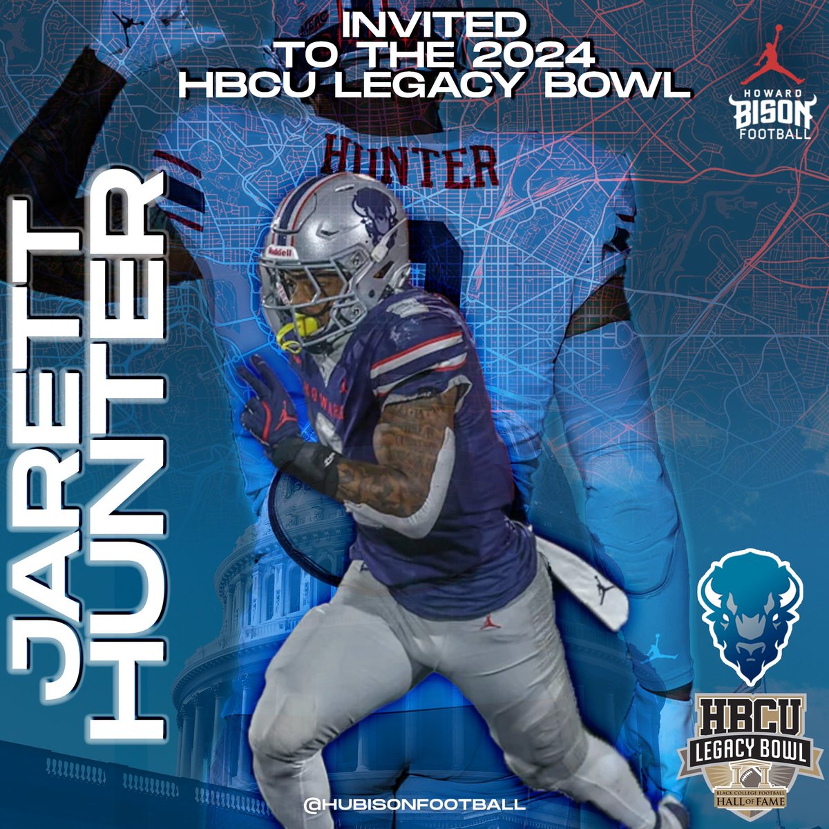 HUBISONFOOTBALL's tweet photo. Another INvite🎟️

Congratulations to RB @J__Hunter24 on being invited to the @hbculegacybowl !

#hbculegacybowl #BowlBound #NextLevel #howarduniversity #STMDT #CompetitiveExcellence #HUBisonFootball https://t.co/3DdlDvybK3