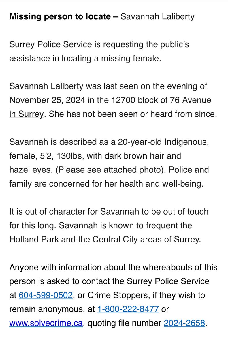 SurreyNowLeader's tweet photo. Missing woman in #SurreyBC via @surreyps. https://t.co/0jlTktbRD3