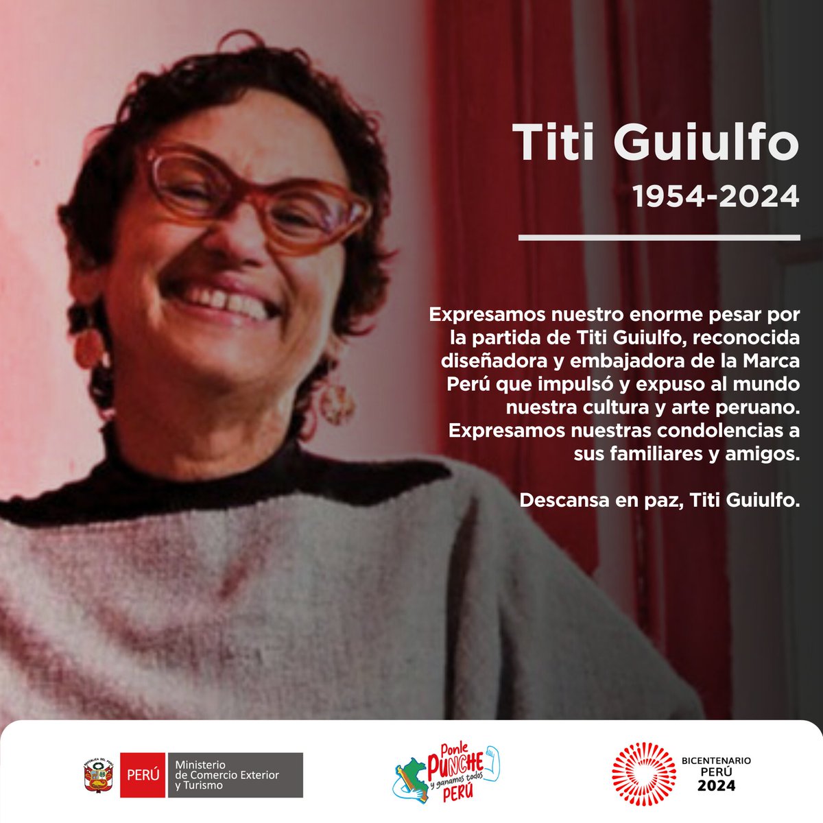 MINCETUR's tweet image. Lamentamos profundamente el fallecimiento de Titi Guiulfo, ícono de la moda peruana y embajadora de la @marcaPERU. Su legado en la artesanía vivirá por siempre. 🕊️

#TitiGuiulfo #ModaPeruana #ArtesaníaPeruana
