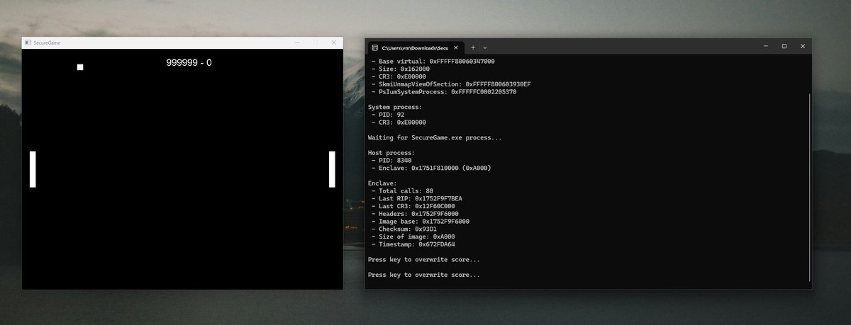 tulachsam's tweet photo. Pong, but it's VBS enclave, but I bootkitted Hyper-V

https://t.co/rNKTTOaJcO https://t.co/neUwYMu7hF
