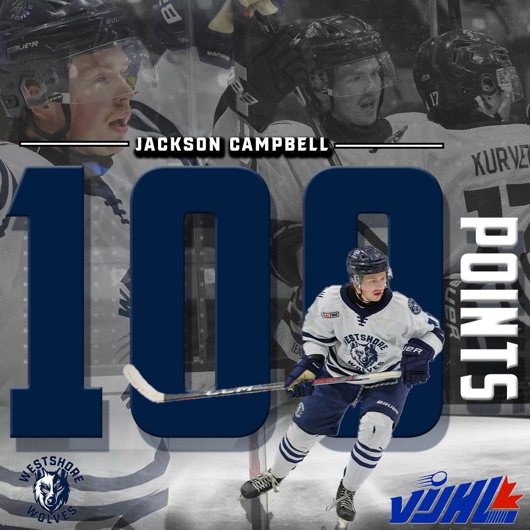 Welcome to the 💯 points club Jackson Campbell.

Jackson becomes the 10th player in Westshore Wolves history to reach this milestone! 

Congrats Jackson!