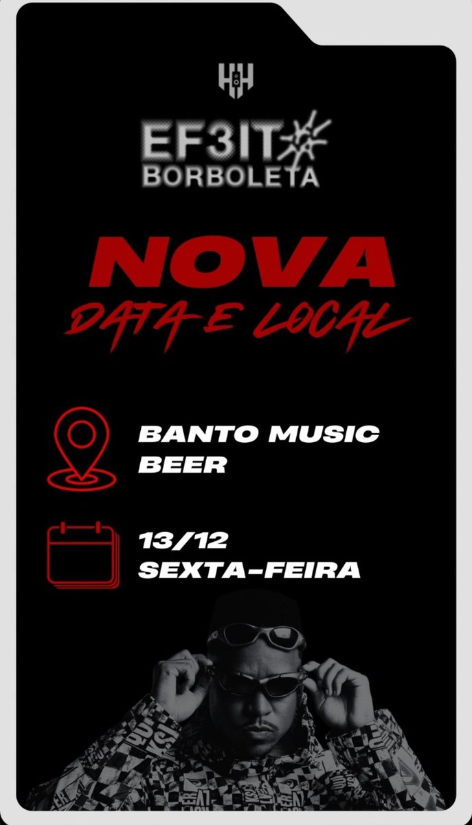 Hesh019's tweet photo. 🚨| ATENÇÃO 

Devido as mudanças climaticas a Hesh teve que mudar a data e o local do Efeito Borboleta 3.

NOVA DATA E LOCAL DO EVENTO 

13/12

📍 Banto Music Beer https://t.co/AQs0evOis1