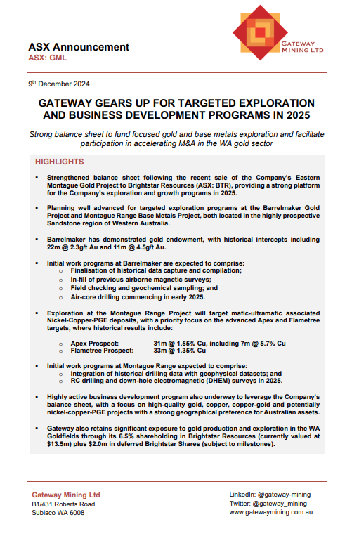 Gateway Mining is pleased to provide an update on its planned exploration and business development programs following the recent divestment of its Eastern Montague Gold Project to Brightstar Resources Limited.

ow.ly/Hh9e50Un9bJ

$GML $BTR #gold #Montague #Barrelmaker