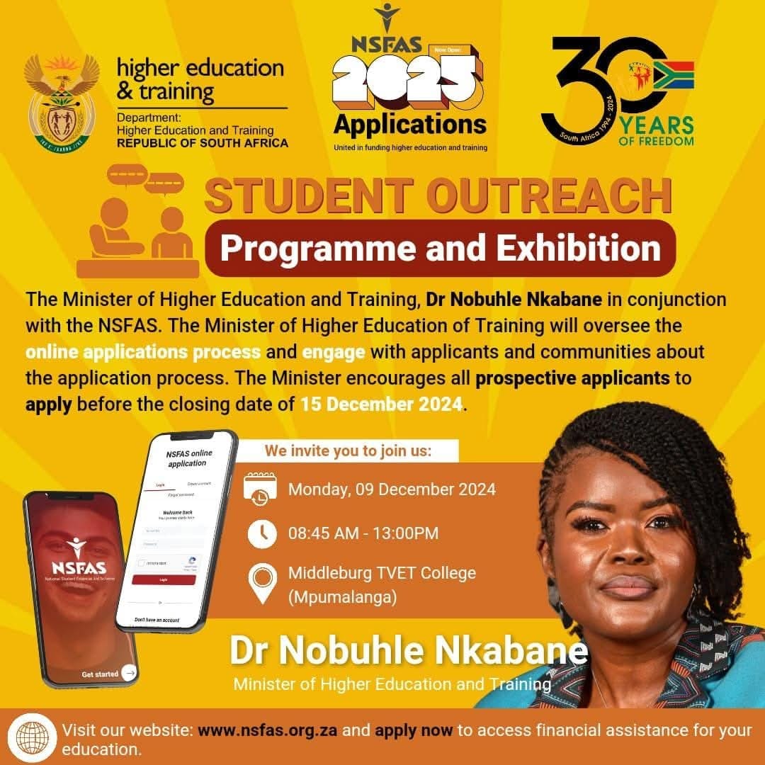 myNSFAS's tweet photo. Join us today in Mpumalanga for the Student Outreach Programme and Exhibition with the Minister of Higher Education and Training, Dr Nobuhle Nkabane.
Do not miss out on the opportunity to engage with the Minister and APPLY for the @myNSFAS 2025.
#NSFAS2025Applications #NSFAS025 https://t.co/NI29cEpzIC