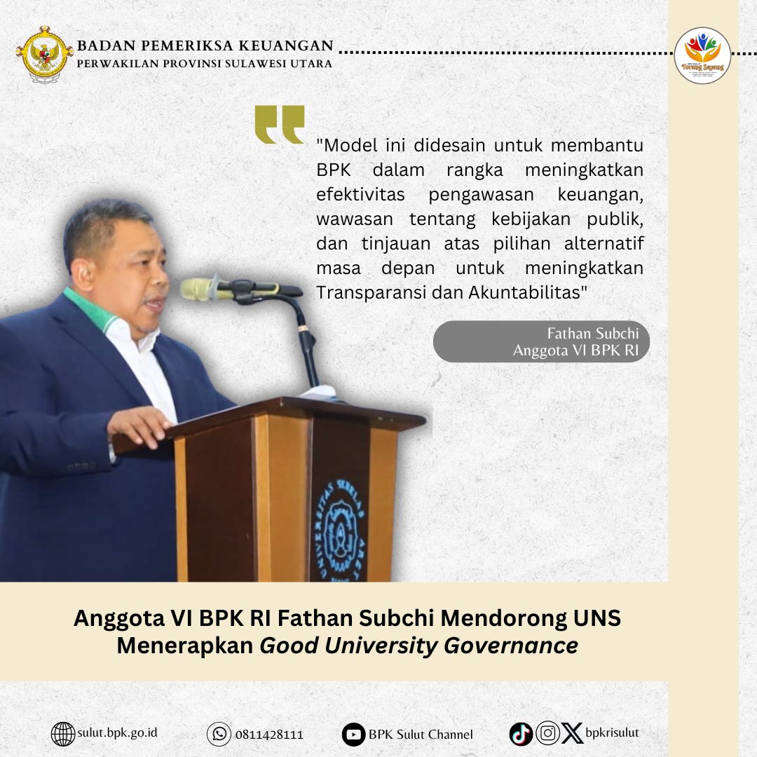 bpkrisulut's tweet photo. Anggota BPK Fathan Subchi Mendorong UNS Menerapkan Good University Governance

Selengkapnya: https://t.co/gygKntTHEK

#bpkri 
#bpksulut https://t.co/x8qOqRbFaa