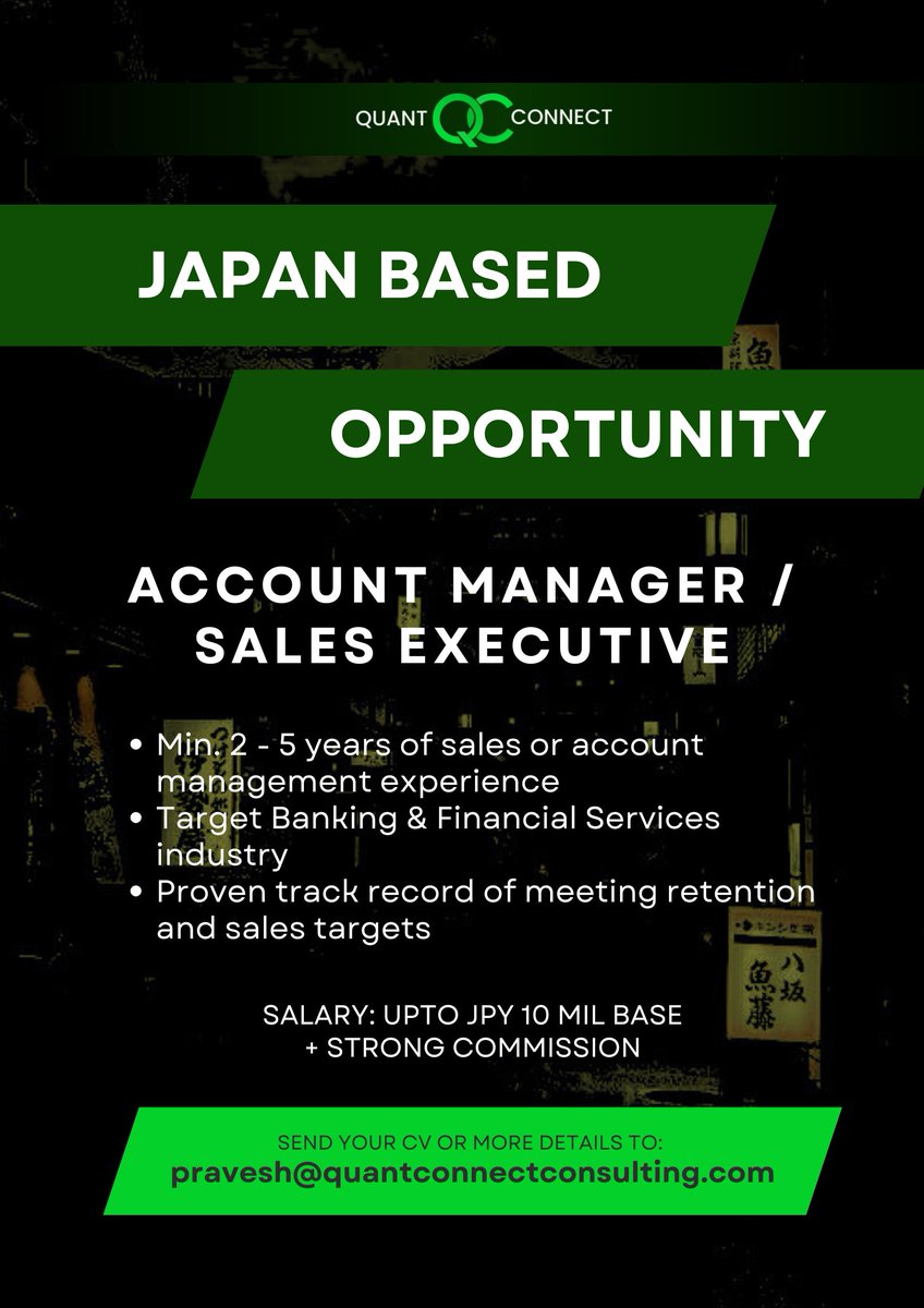 QuantConnect_'s tweet photo. 🌟 Join Our Winning Sales Team in Japan! 🌟

Passionate about sales? Ready to make an impact? We have 2 exciting opportunities for driven individuals to shine in dynamic roles. Take your career to new heights—apply today! 🚀

#japanjobs #sales #fintech https://t.co/oc7YnmaVEl