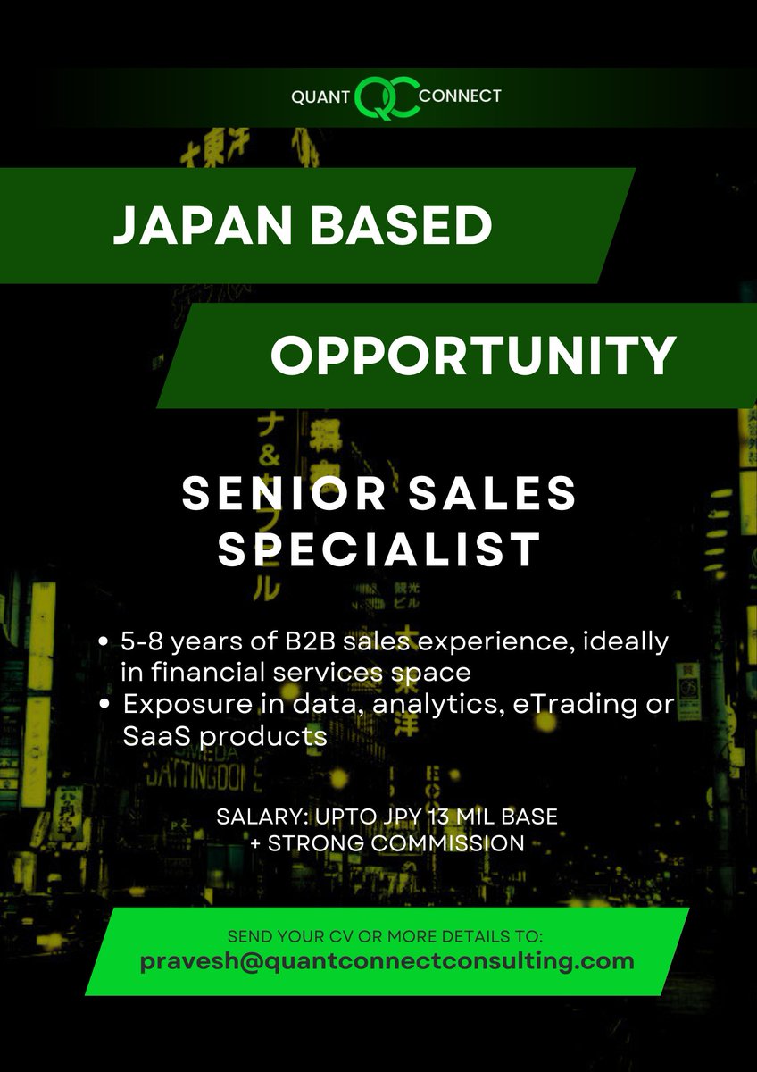 QuantConnect_'s tweet photo. 🌟 Join Our Winning Sales Team in Japan! 🌟

Passionate about sales? Ready to make an impact? We have 2 exciting opportunities for driven individuals to shine in dynamic roles. Take your career to new heights—apply today! 🚀

#japanjobs #sales #fintech https://t.co/oc7YnmaVEl