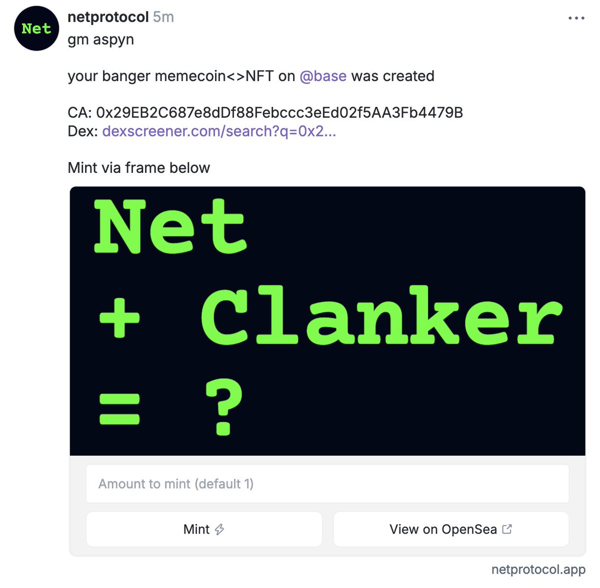 AspynPalatnick's tweet photo. With a single cast, I got the Net bot to deploy a CLANK memecoin and the Clanker bot to deploy a NET memecoin

Two farcaster bots creating memecoins for each other on @base... is this what true love is? ❤️‍🔥

Dex links below https://t.co/okkVP0N0aj