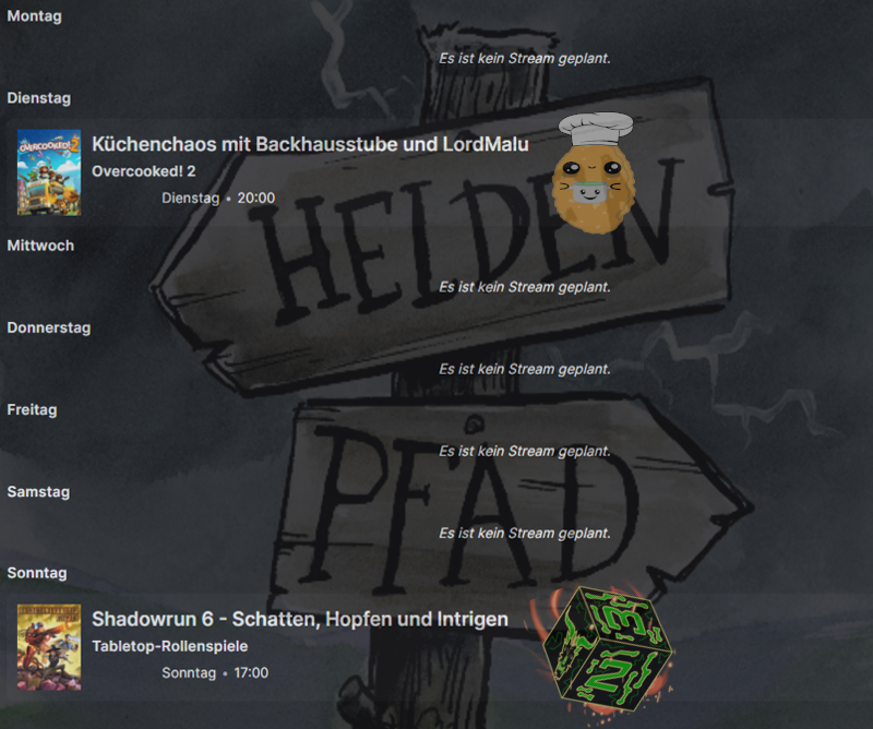 Neue Woche, neuer Plan!

Dienstag wird wieder ab 20 Uhr in #Overcooked2 gekocht mit <a href="/LordMalu/">Nikto</a> &amp; Superbrot

Samstag ab 17 Uhr gibt es dann #Shadowrun #PNP ! Meine Spielenden sind <a href="/Hideyoshi94/">Hide 🐻 | 🇩🇪 VTuber</a>  <a href="/lockutv/">Lockuman</a> <a href="/MrCitrushill/">MrCitrushill 🍋</a> &amp; <a href="/Nicraa9/">Niclas</a> 

Ich freu mich schon!